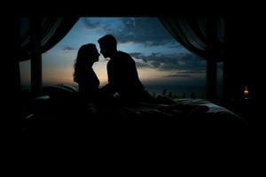 silhouette de couple dans lit à nuit temps maison. produire ai photo