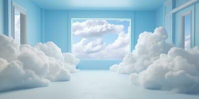 génératif ai, blanc bleu fantastique 3d des nuages dans le pièce intérieur, ciel et paysage. doux couleurs et avec brillant lumières.. photo