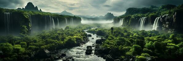 génératif ai, magnifique vert amazone forêt paysage, forêt tropicale jungle avec cascades photo