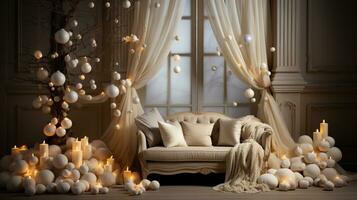 génératif ai, luxe beige intérieur avec Noël d'or et blanc décoration photo