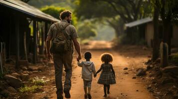 bénévole prof en marchant avec pauvres africain des gamins sur une saleté route dans le campagne de Afrique. photo