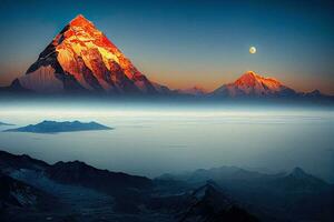 alpin majesté à le coucher du soleil neige plafonné pics au dessus une mer de des nuages avec le lune génératif ai photo