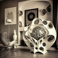 futuriste gyroïde sculpture dans rétro poche vivant pièce génératif ai photo