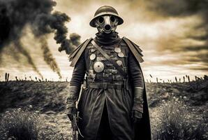 rétrofuturiste cyborg Première Guerre mondiale soldat sur le champ de bataille génératif ai photo