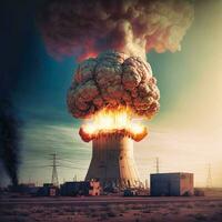 ai généré nucléaire plante explosion menaçant nucléaire champignon nuage photo