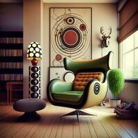 futuriste vivant ai généré fauteuil dans vibrant pièce génératif ai photo