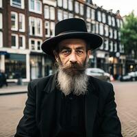 une hassidique Juif dans Amsterdam génératif ai photo