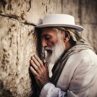 une juif homme prier sur le occidental mur dans Jérusalem génératif ai photo