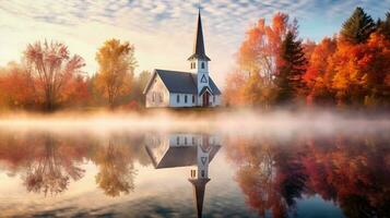 une magnifique petit blanc en bois église reflétant dans une Lac dans l'automne, magnifique rouge arbre couleurs, une lumière brouillard génératif ai photo