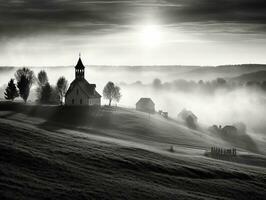 une petit église dans le campagne sur une brumeux Matin avec magnifique lumière du soleil dans devant, noir et blanc photo génératif ai