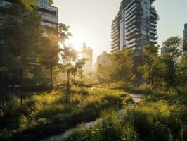 grattes ciels et luxuriant végétation une harmonieux mélange de la nature et Urbain architecture génératif ai photo