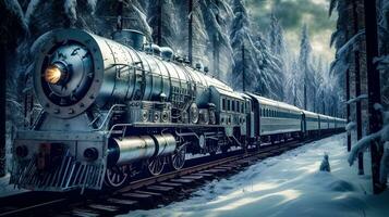 rétrofuturiste steampunk train parmi sibérien congelé forêt génératif ai photo