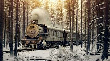 rétrofuturiste steampunk train parmi sibérien congelé forêt génératif ai photo