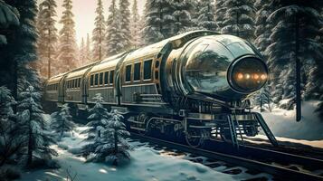 rétrofuturiste steampunk train parmi sibérien congelé forêt génératif ai photo