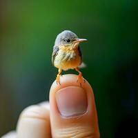 microcosmique harmonie génératif ai capture délicat oiseau perché sur doigt photo