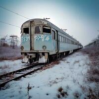 solitude dans neige abandonné train au milieu de l'hiver embrasse génératif ai photo