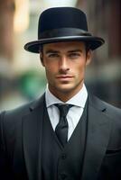 élégance redéfini Britanique inspiré gentilhomme dans longue manteau et chapeau génératif ai photo