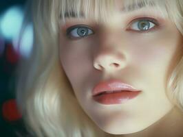 captivant bleu yeux portrait de une étourdissant blond femme génératif ai photo