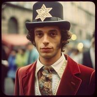 Années 70 style Jeune homme avec velours rouge costume et étoilé chapeau génératif ai photo