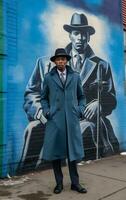 élégant africain américain homme dans bleu américain style manteau génératif ai photo