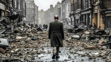 résistance au milieu de le chaos élégant homme en marchant par la Seconde Guerre mondiale bombardé ville décombres génératif ai photo