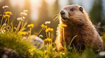 majestueux marmotte une Montagne portrait génératif ai photo