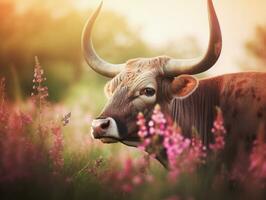 majestueux longhorn pâturage dans luxuriant violet Prairie génératif ai photo