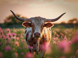 majestueux longhorn pâturage dans luxuriant violet Prairie génératif ai photo