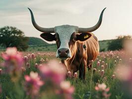 majestueux longhorn pâturage dans luxuriant violet Prairie génératif ai photo