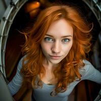 fisheye beauté portrait de une étourdissant Jeune femme avec rouge cheveux et bleu yeux génératif ai art photo