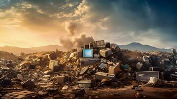 ai généré gigantesque Montagne de e déchets photo