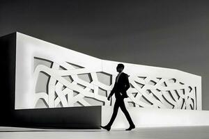 élégant homme dans noir et blanc costume contre minimaliste architecture et lumière du soleil, génératif ai photo