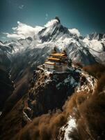 majestueux temple un haut enneigé Montagne - génératif ai photo