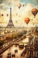 ancien Paris affiche avec Eiffel la tour, ai généré photo