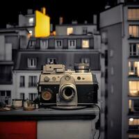 ancien caméra et Parisien toits à nuit. génératif ai. photo