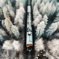 aérien vue de train dans neigeux hiver forêt. génératif ai. photo