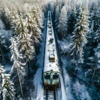 aérien vue de train dans neigeux hiver forêt. génératif ai. photo