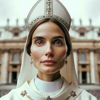 portrait de une magnifique Jeune femme comme le Nouveau le pape. génératif ai. photo