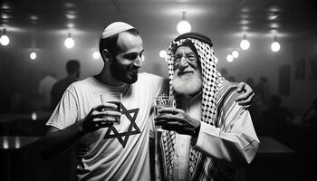 juif et palestinien Hommes pain grillé à paix et unité. génératif ai. photo