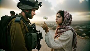 palestinien femme offre paix fleur à israélien soldat. génératif ai. photo