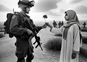 palestinien femme offre paix fleur à israélien soldat. génératif ai. photo