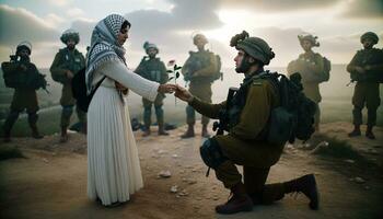 palestinien femme offre paix fleur à israélien soldat. génératif ai. photo