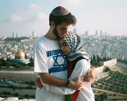 Jeune couple dans l'amour symbole de paix et réconciliation dans Jérusalem. génératif ai. photo