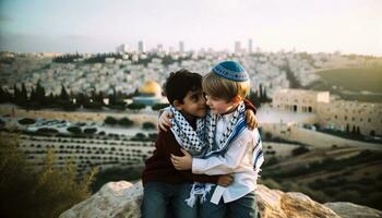 symbole de paix juif et palestinien copains dans Jérusalem. génératif ai photo