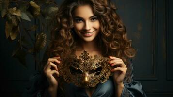 magnifique Jeune actrice femme avec vénitien masque dans sa mains. photo
