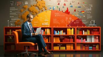 homme d'affaire séance dans Bureau chaise avec illustration de graphiques et graphiques dans le Contexte. photo