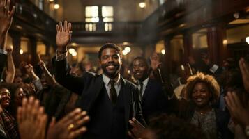 groupe de diverse gens applaudir à salle d'audience pour africain américain avocat. positif décision dans une civil famille cas. photo