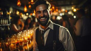 portrait de Beau barman permanent à bar compteur et souriant à caméra. photo