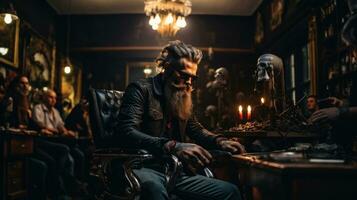 tatoué barbu homme dans cuir veste et des lunettes séance dans une salon de coiffure. photo