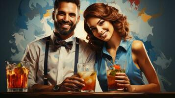 illustration de une magnifique Jeune femme et homme à le bar. photo